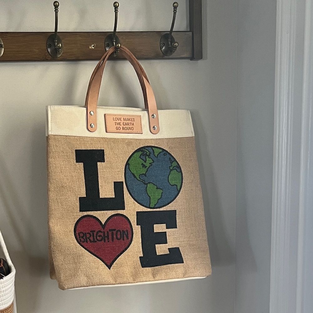 Brighton "Love Makes The Earth Go Round" Jute Tote Bag With Leather Handles